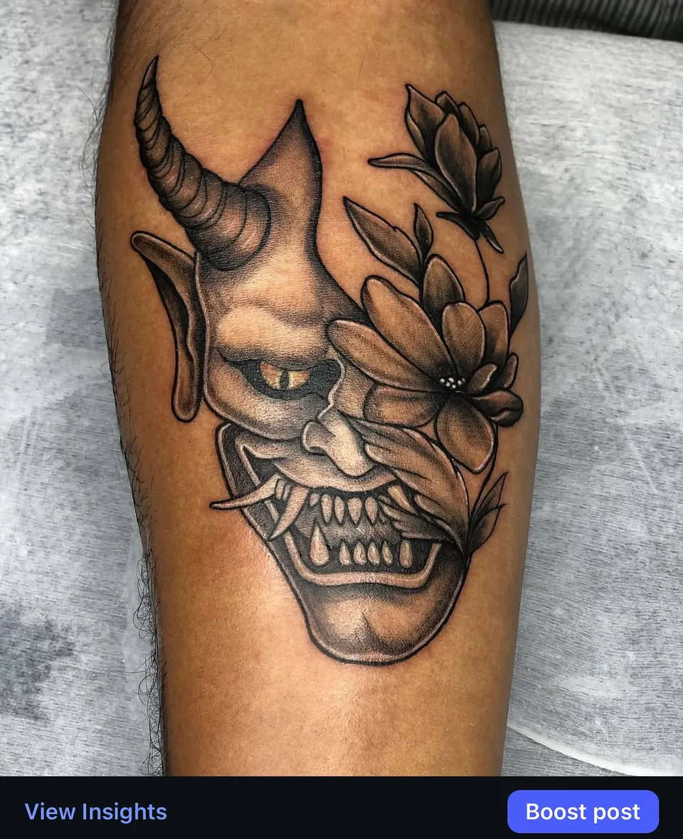 Hannya Mask Lotus tattoo by Divinya at Kamz Inkzone