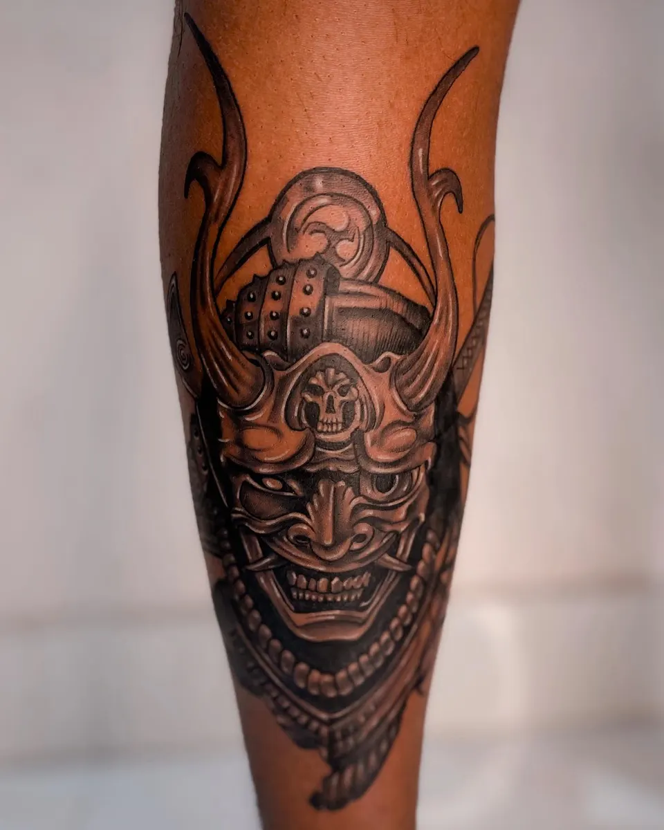 Samurai Mask Calf tattoo by Kamz at Kamz Inkzone